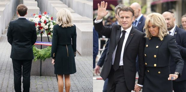 Brigitte Macron w spódniczce składa wieniec przed Pomnikiem Pomordowanych Żydów Europy (ZDJĘCIA)