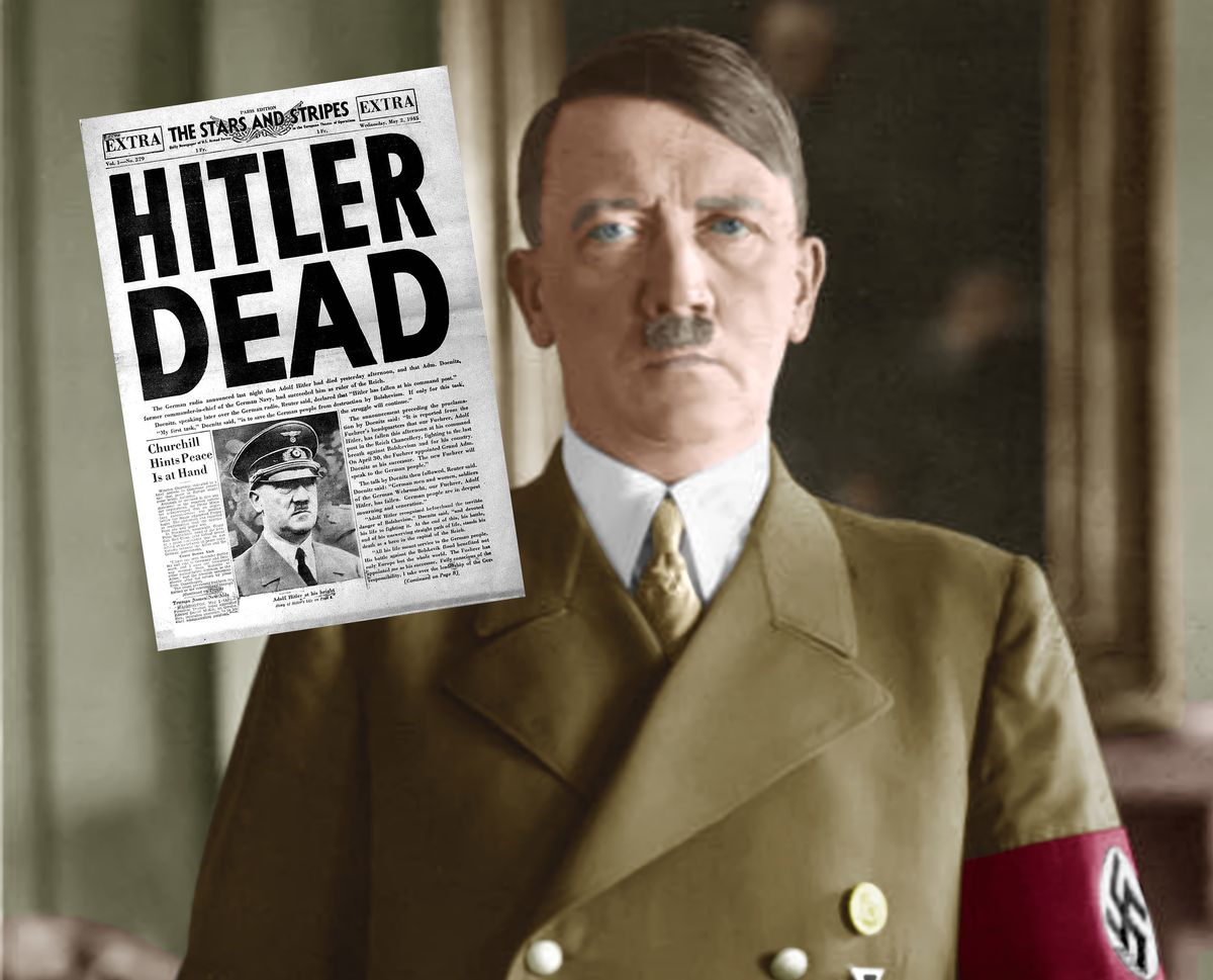 Portret Hitlera z 1938 r. i pierwsza strona amerykańskiej gazety z maja 1945 r., informująca o śmierci Fuhrera