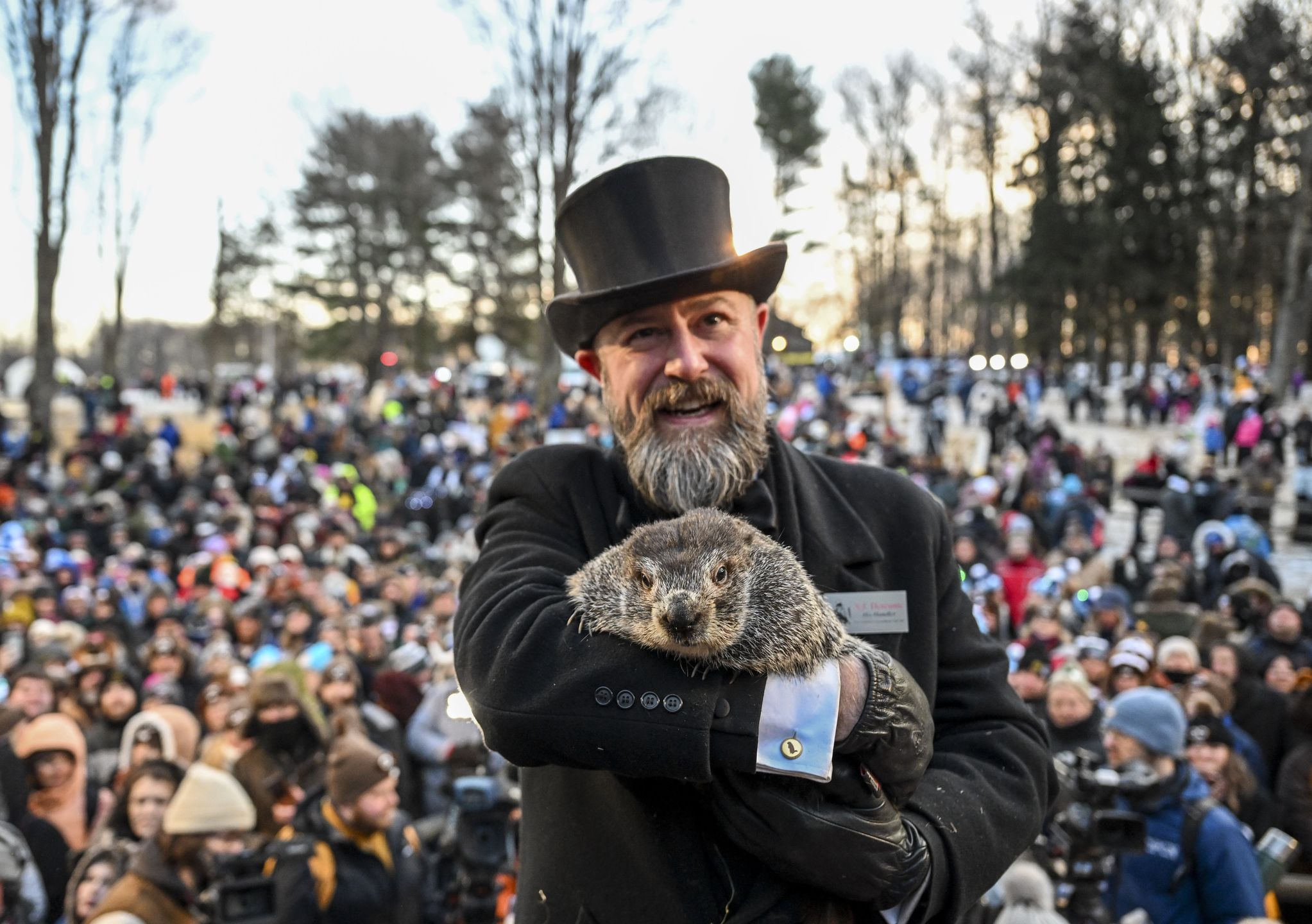 PUNXSUTAWNEY, PA, USA - FEBRUARY 2: Punxsutawney Phil saw his shadow on Wednesday morning 6 more weeks of winter during Groundhog Day celebration at the Gobbler's Knob in Punxsutawney, Pennsylvania, United States on February 2, 2023. Punxsutawney Groundhog Club established in 1887 as members believe that groundhogs predict the weather. (Photo by Fatih Aktas/Anadolu Agency via Getty Images)