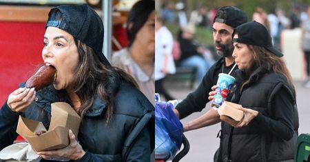 Wygłodniała Eva Longoria POCHŁANIA corn doga podczas spaceru z mężem i synem (ZDJĘCIA)
