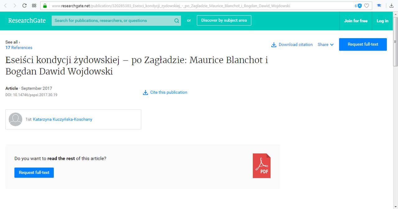 Strona artykułu w ResearchGate. W dolnym lewym rogu widoczny przycisk umożliwiający wysłanie prośby o dostęp do pełnej wersji tekstu.