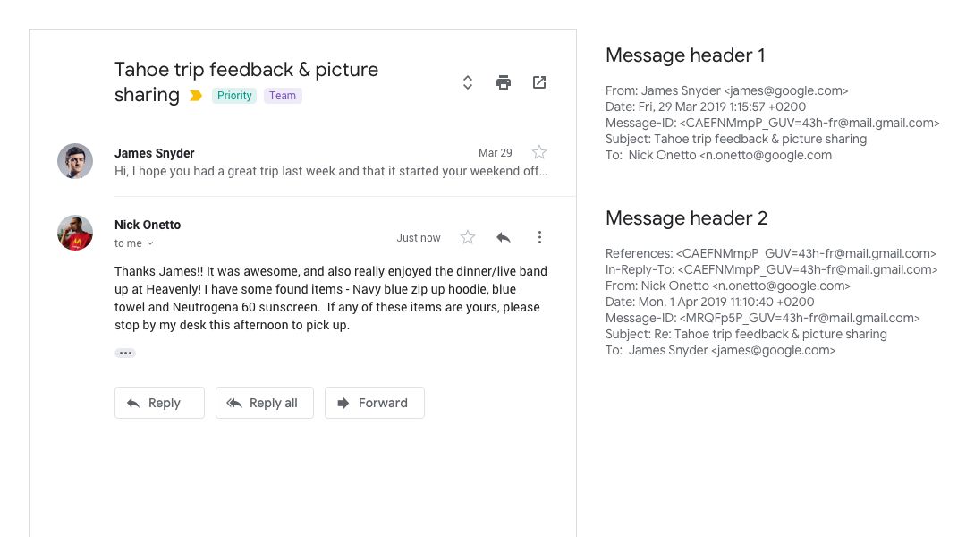 Do dzielenia wiadomości na wątki będą wykorzystywane dodatkowe informacje z nagłówków, źródło: Google.