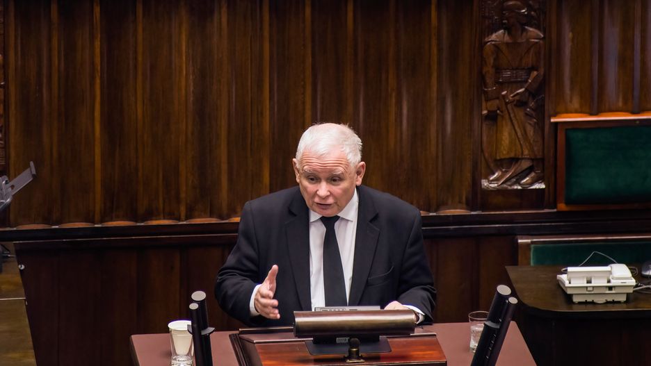 WARSAW, MASOVIAN VOIVODESHIP, POLAND - 2023/12/11: Jaroslaw Kaczynski, the leader of the Law and Justice (PiS) party speaks in the parliament. Poland's parliament voted for Donald Tusk as the new prime minister, with 248 MPs supporting him and 201 against. Tusk, known in Europe, was prime minister from 2007 to 2014 and led the European Council and the center-right European People's Party. After Poland's recent election where opposition parties won the most seats, Mateusz Morawiecki's conservative government lost a vote of confidence. This allows Donald Tusk's coalition to take over this week, ending eight years of the Law and Justice (PiS) party's rule. (Photo by Attila Husejnow/SOPA Images/LightRocket via Getty Images)