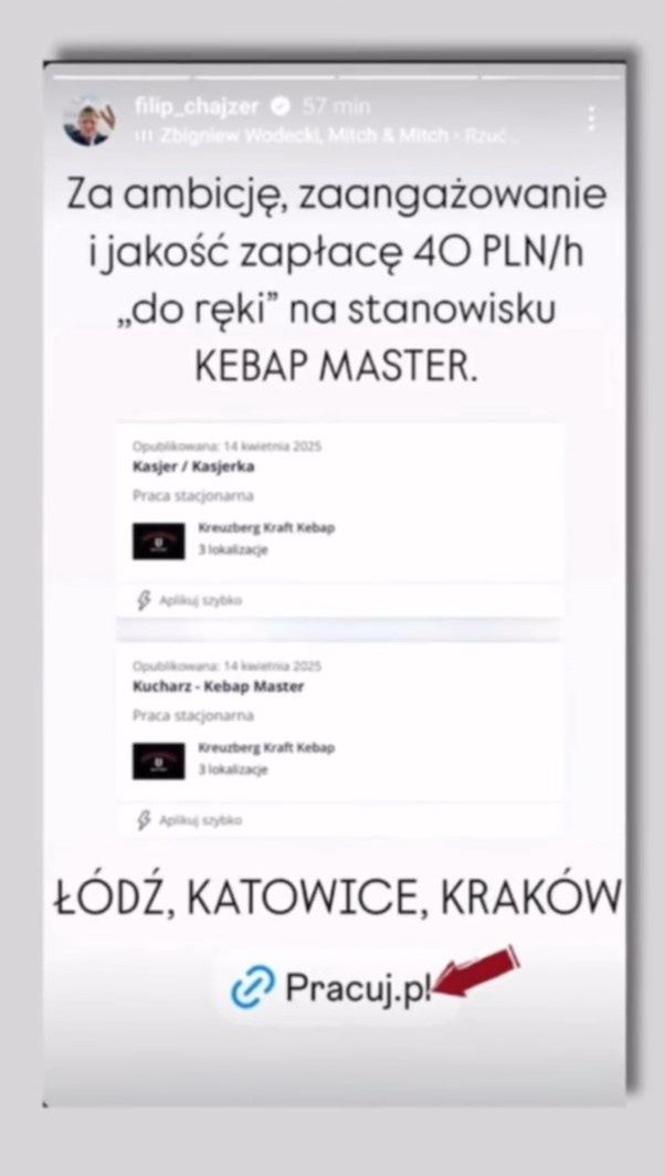 Oferta pracy w kebabie Filipa Chajzera