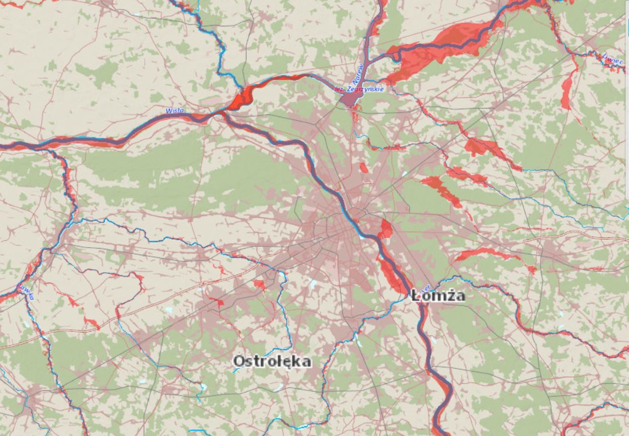 Fragment mapy ze wstępną oceną zagrożenia powodziowego