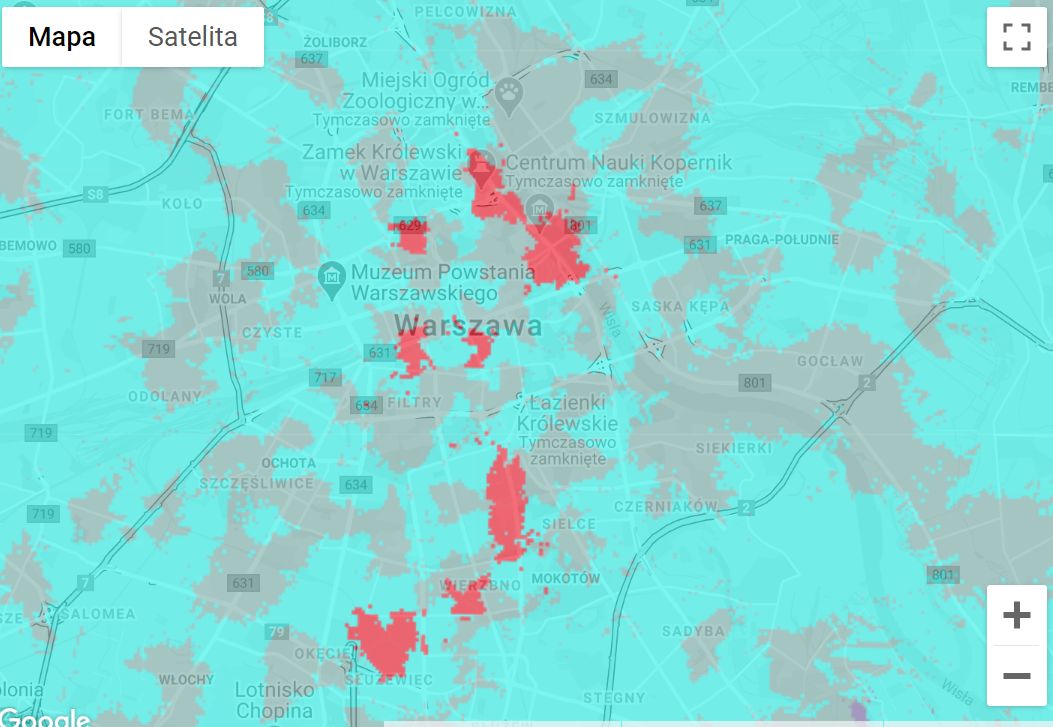 Zasięg sieci 5G Plusa w Warszawie