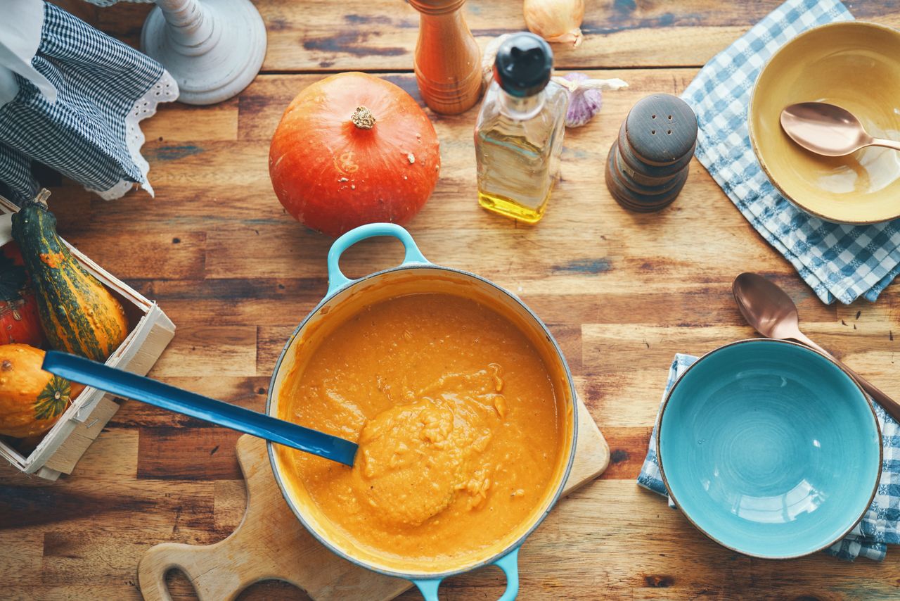 Preparing Pumpkin Soup with Baked Pumpkins and Bacon