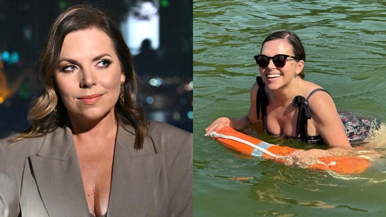 Odziana w kostium kąpielowy Kwaśniewska wypoczywa na łódce