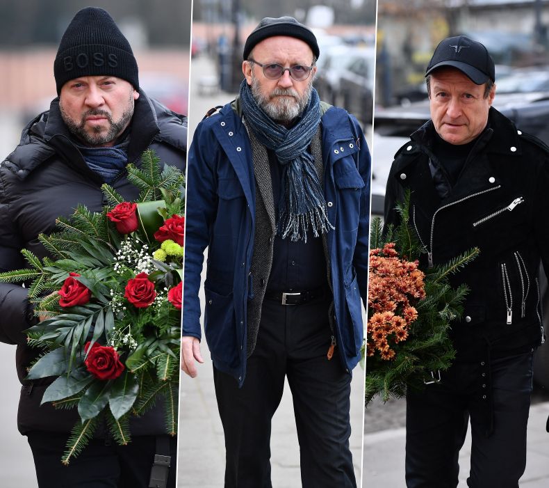 Michał Milowicz, Artur Barciś i Jacek Kawalec w drodze na nabożeństwo pogrzebowe 