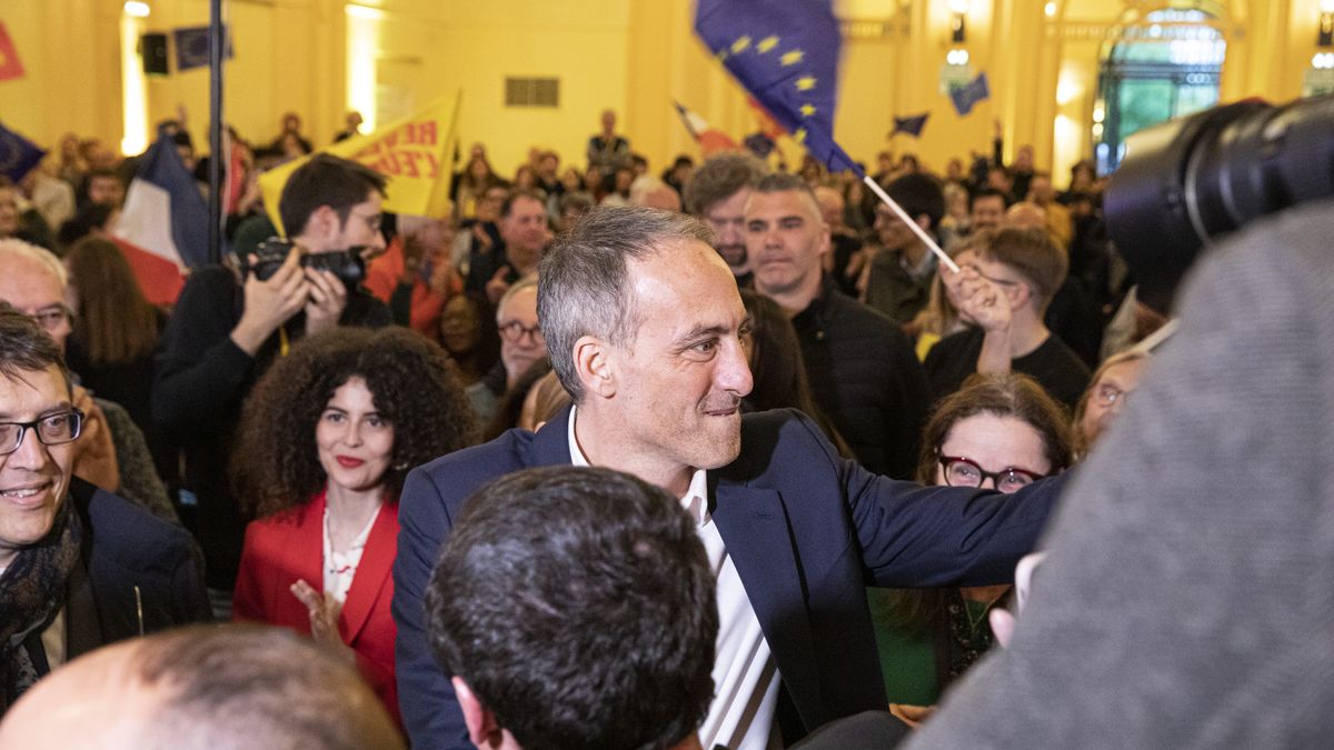 Raphael Glucksmann, the French Socialist Party candidate for the European elections, is reacting on stage during a meeting in Strasbourg, France, on April 24, 2024. The European elections in France are set to take place on June 9, 2024. (Photo by STR/NurPhoto via Getty Images)