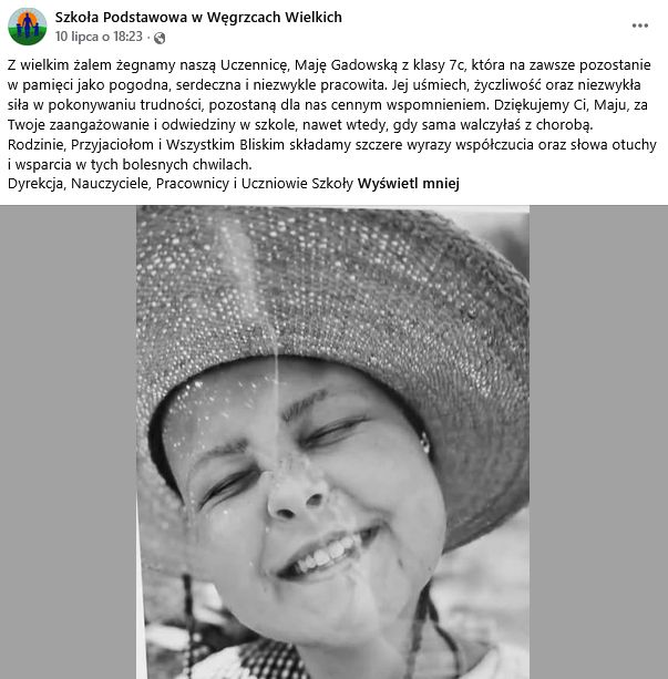 Post szkoły, w której uczyła się Maja Gadowska 