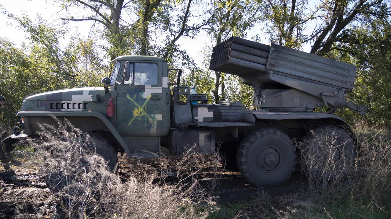 Ukrainian grad missile launcher waits to be deployed outside the city