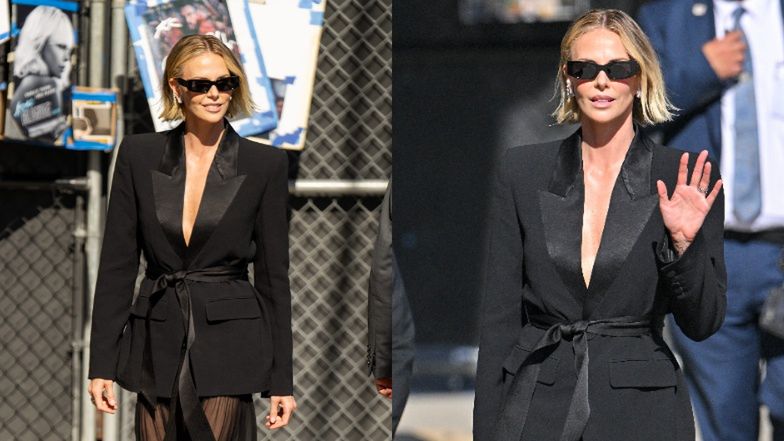 Wydekoltowana Charlize Theron odsłania długie nogi w drodze do studia Jimmy'ego Kimmela. Robi wrażenie?