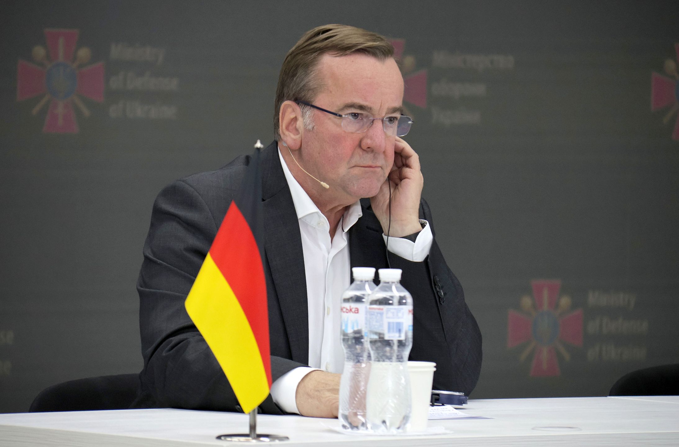 German Defense Minister Boris Pistorius is participating in a joint briefing with Ukrainian Defense Minister Rustem Umerov at the Military Media Center in Kyiv, Ukraine, on November 21, 2023. (Photo by Ukrinform/NurPhoto via Getty Images)