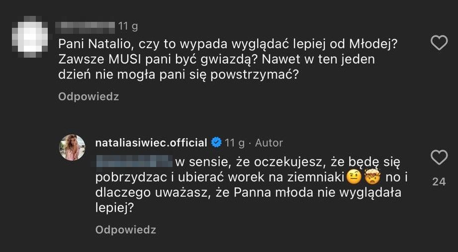 Natalia Siwiec reaguje na komentarze, że przyćmiła pannę młodą 