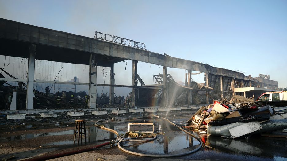 KREMENCHUK, UKRAINE - JUNE 27, 2022  - The consequences of the Russian missile attack on the Amstor shopping mall with about 1,000 civilians inside on Monday, June 27, are pictured in Kremenchuk, Poltava Region, central Ukraine. This photo cannot be distributed in the Russian Federation. (Photo credit should read Anna Opareniuk/ Ukrinform/Future Publishing via Getty Images)