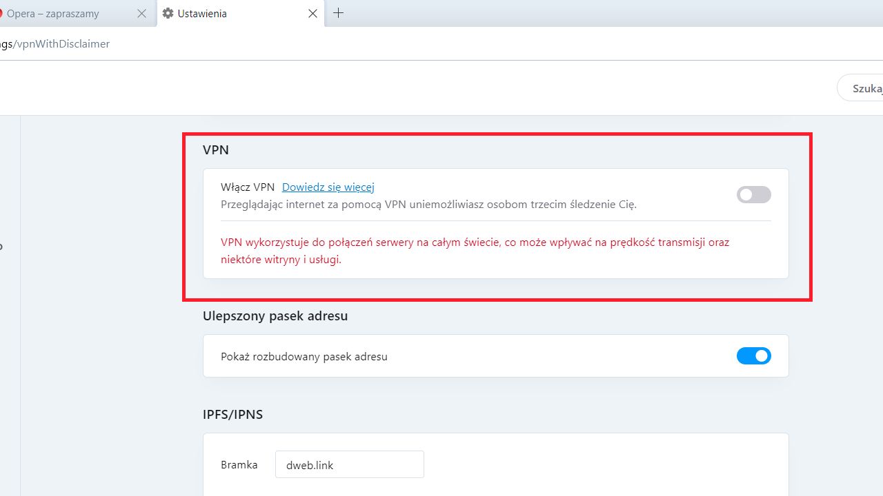 Opera: włączamy VPN