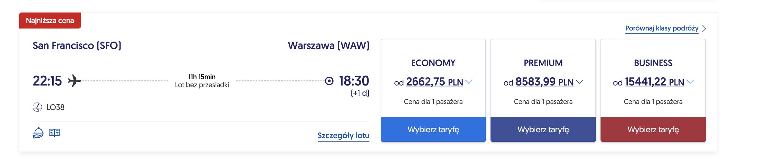 Porównanie cen biletów w trzech klasach podróży 