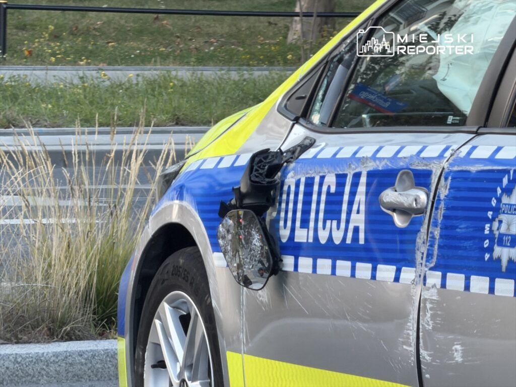 Uszkodzony radiowóz policji z zerwanym lusterkiem stoi na poboczu drogi w otoczeniu trawy.