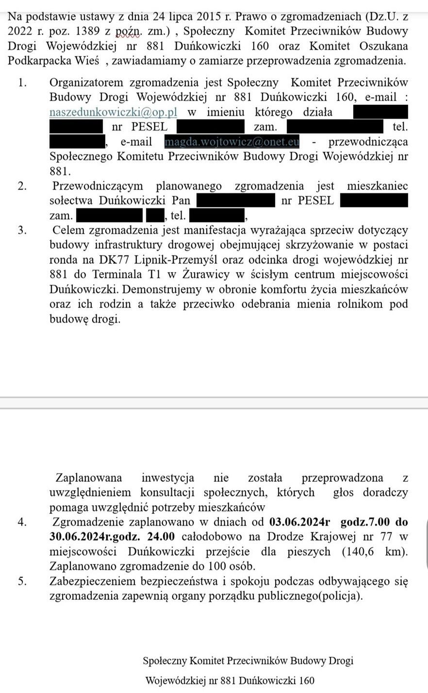 zawiadomienie, blokada drogi