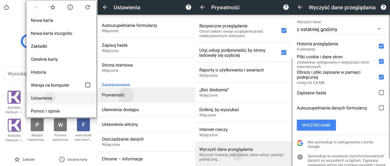 Usuwanie historii w aplikacji Chrome