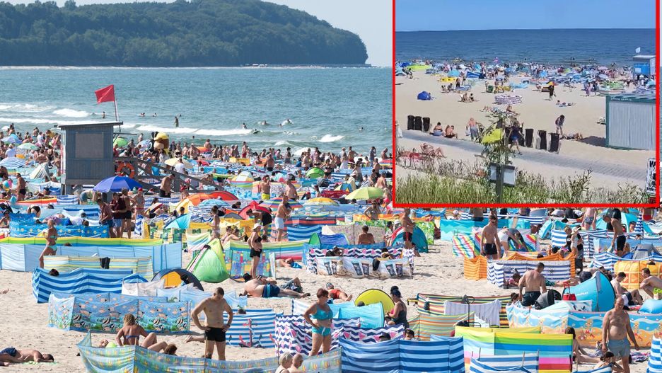 Władysławowo. Widać różnicę w liczbie turystów podczas tegorocznych wakacji. Na małym zdjęciu widok z kamery przy wejściu nr 5