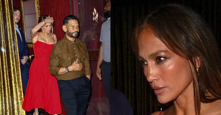 Wystrojona w krwistoczerwoną sukienkę z dekoltem Jennifer Lopez opuszcza knajpę (ZDJĘCIA)