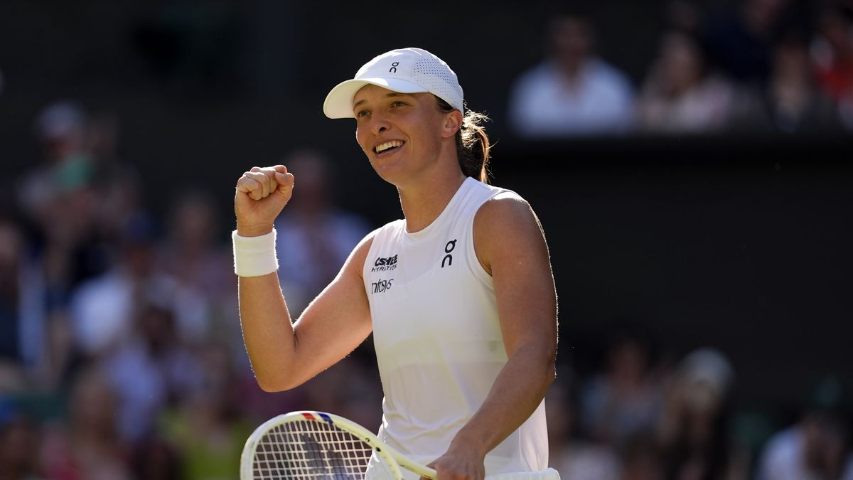 Iga Swiatek celebrates victory over Belinda Bencic following Ladies' Singles match on day eleven of the 2025 Wimbledon Championships at the All England Lawn Tennis and Croquet Club, London. Picture date: Thursday July 10, 2025. (Photo by Jordan Pettitt/PA Images via Getty Images)