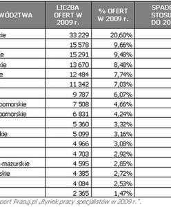 W którym regionie był największy spadek liczby ofert pracy?