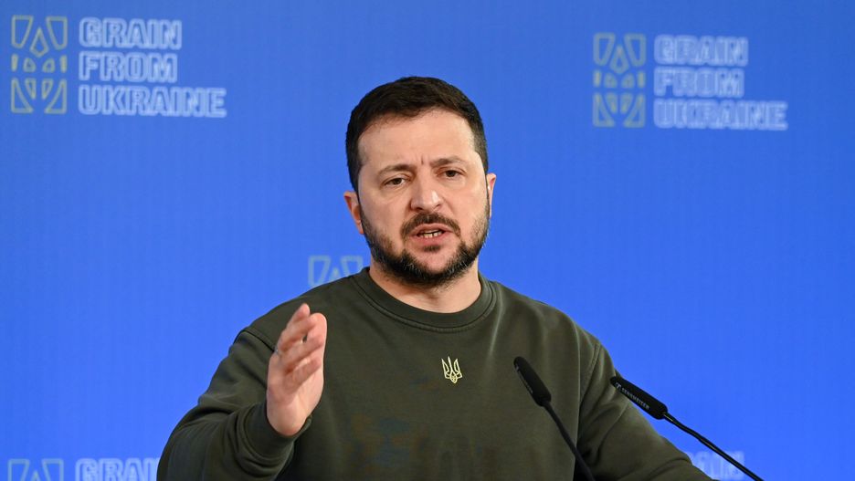 President of Ukraine Volodymyr Zelensky is speaking during a joint press conference with President of Latvia Edgars Rinkevics, President of the Swiss Confederation Alain Berset, and Prime Minister of Lithuania Ingrida Simonyte, following the 'Grain from Ukraine' International summit meeting in Kyiv, Ukraine, on November 25, 2023, amid Russia's invasion of Ukraine. The leaders of Switzerland, Latvia, and Lithuania are in Kyiv to meet with top Ukrainian officials and participate in the International food security summit 'Grain from Ukraine'. (Photo by STR/NurPhoto via Getty Images)