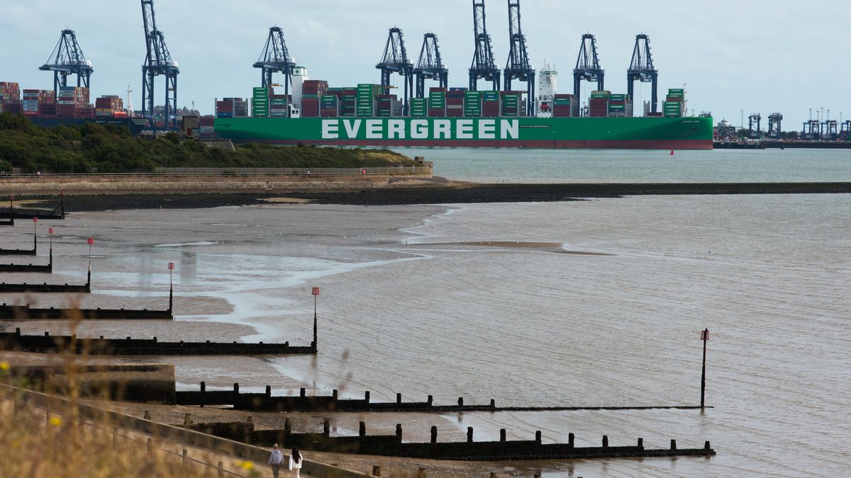 FELIXSTOWE, ENGLAND - SEPTEMBER 13: The container ship said to be the largest in the world, the Ever Ace, belonging to Taiwanese company Evergreen Marine is docked at Felixstowe Port on September 13, 2021 in Felixstowe, England. The 400m-long (1,300ft) ship which has a capacity of 23,992 containers, arrived in the UK and docked in Felixstowe, early Sunday morning on her maiden voyage. (Photo by John Keeble/Getty Images)