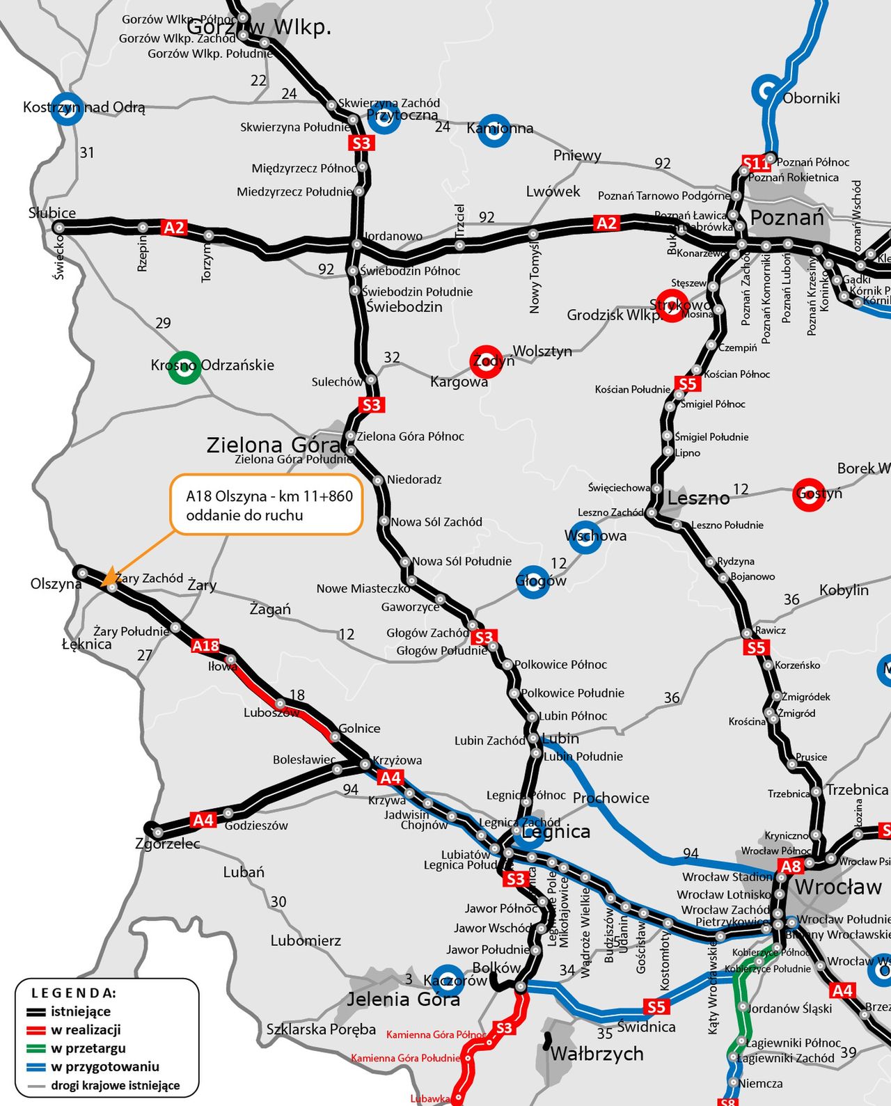 Mapa prezentująca oddany do użytkowania odcinek A18