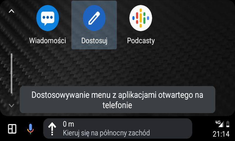 Funkcja "Dostosuj" w menu głównym Androida Auto