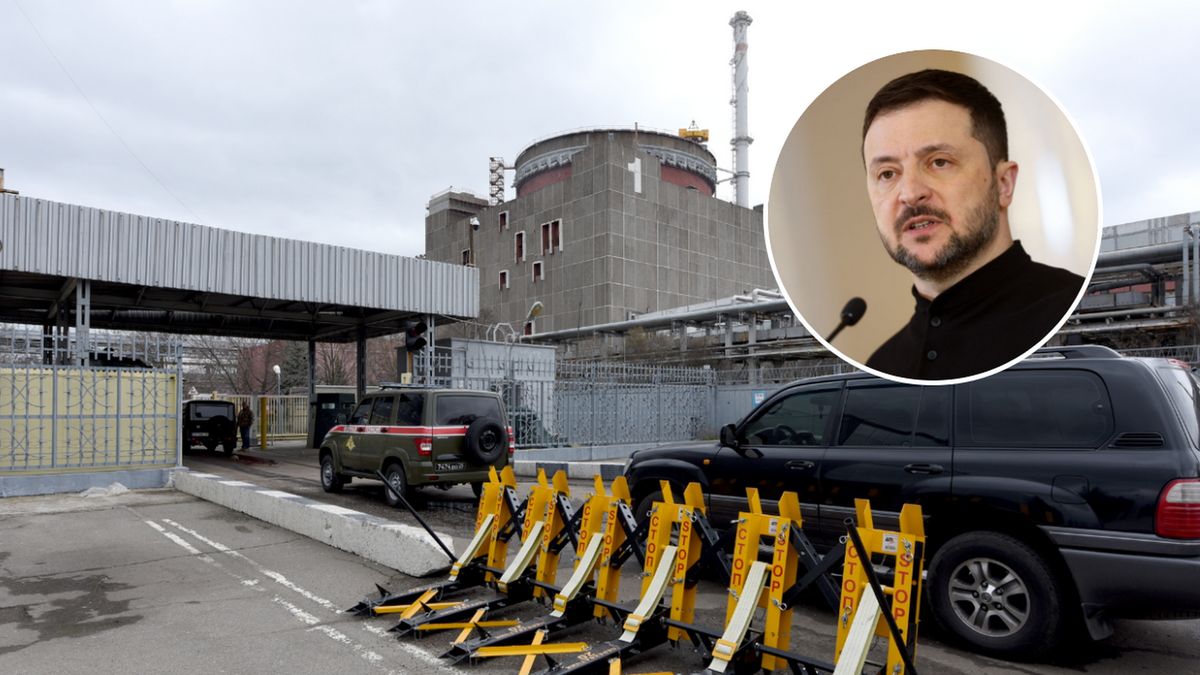 Na zdjęciu reaktor nr 1 zaporoskiej elektrowni jądrowej i Wołodymyr Zełenski