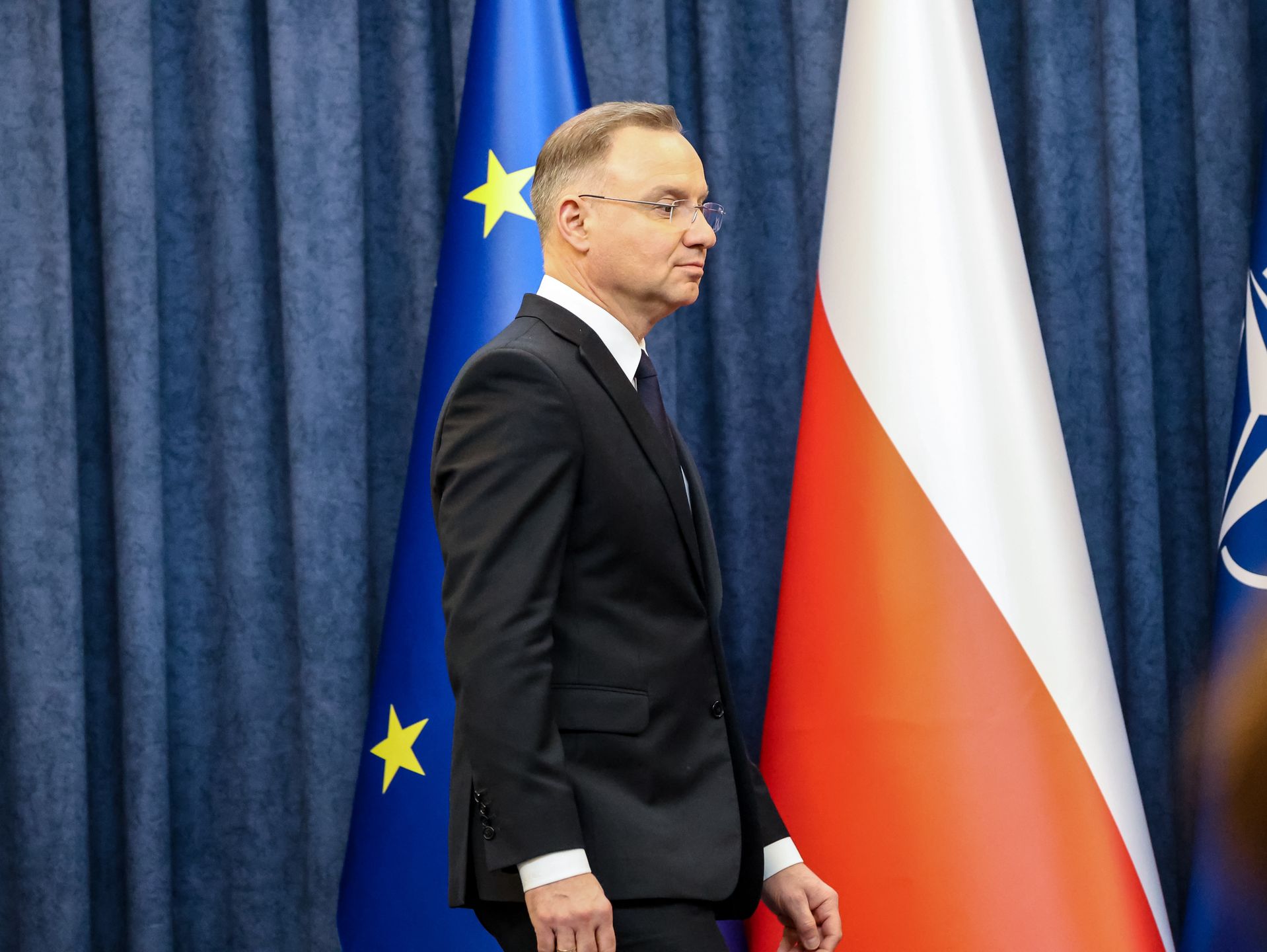 Andrzej Duda President of Poland speaks to press on press conference after holding Polish National Security Council in response to the new approach of the USA administration towards the war in Ukraine and security in Europe in the Presidential Palace in Warsaw on February 24, 2025. President Andrzej Duda decided to hold the meeting on the third anniversary of the invasion of Ukraine to underline Polish support in the Ukrainian struggle. (Photo by Dominika Zarzycka/NurPhoto via Getty Images)