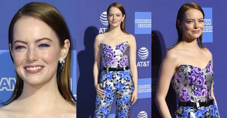Promienna Emma Stone w pstrokatej stylizacji od Louis Vuitton