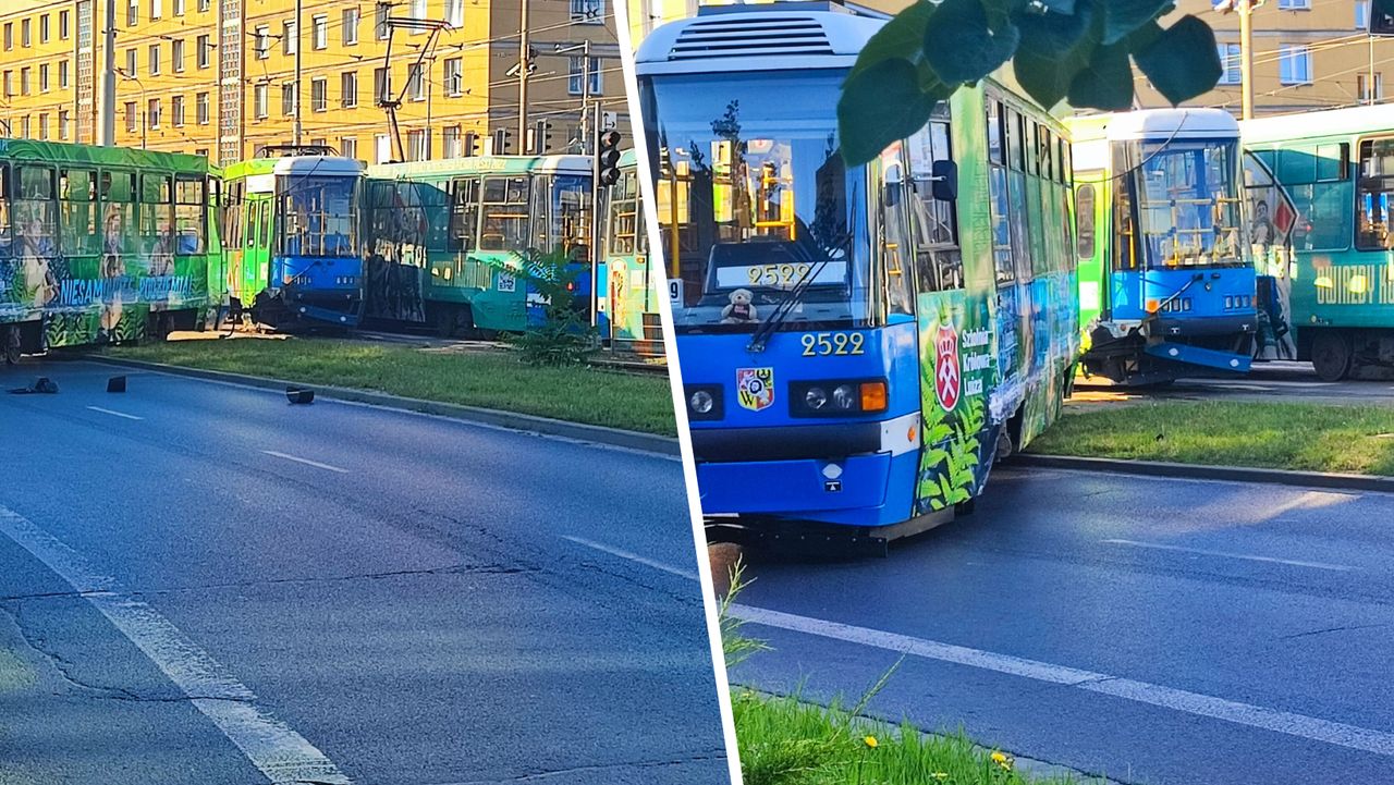 Wrocław. Zderzenie tramwajów. Wagon wyleciał na jezdnię