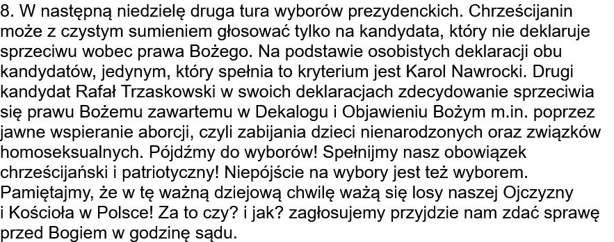 Pełna treść ogłoszeń duszpasterskich dot. wyborów