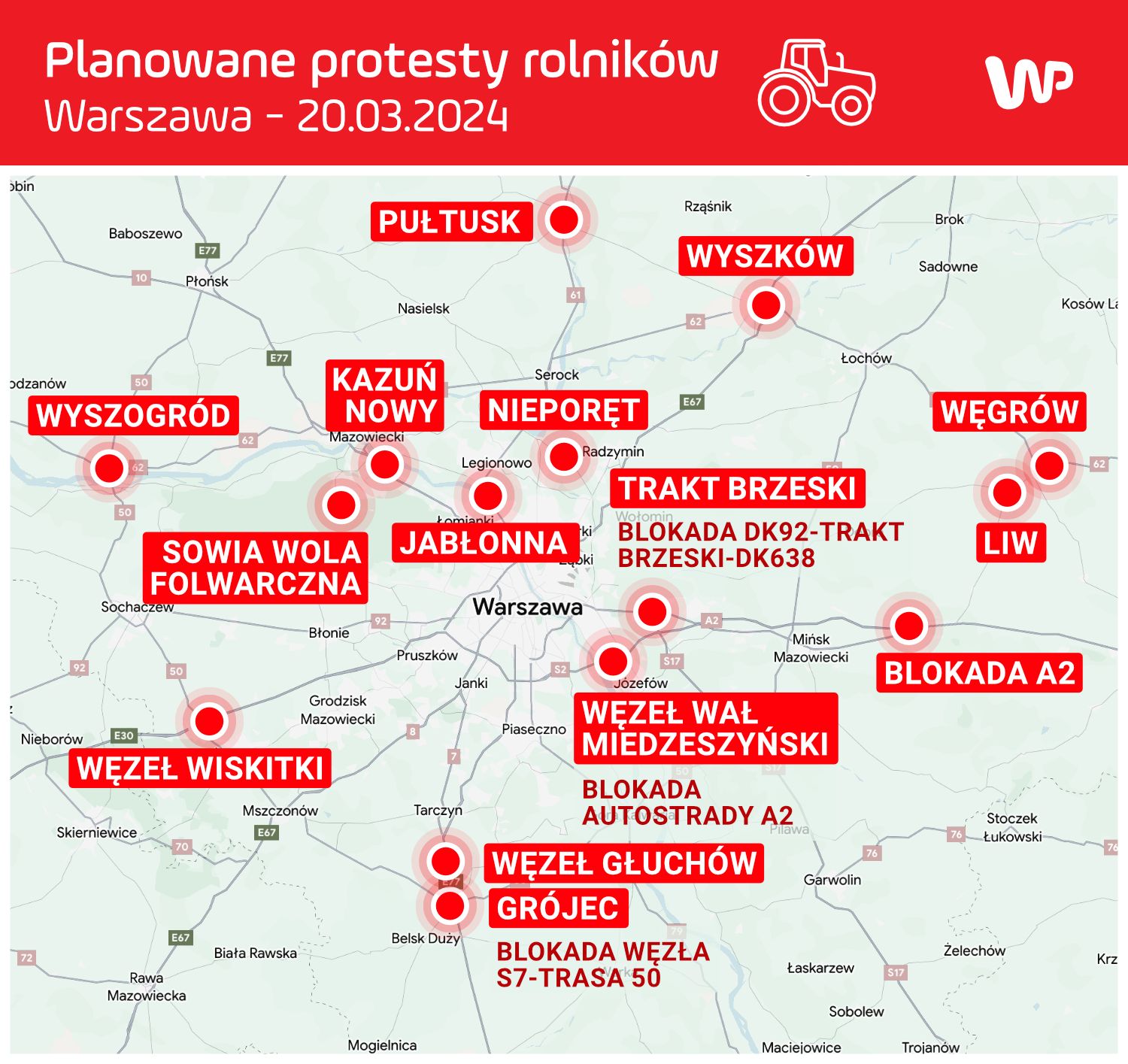 Protest rolników wokół Warszawy. Blokady zgłoszone do poniedziałku 18 marca