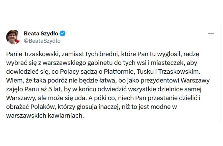 Beata Szydło odpowiedziała Rafałowi Trzaskowskiemu