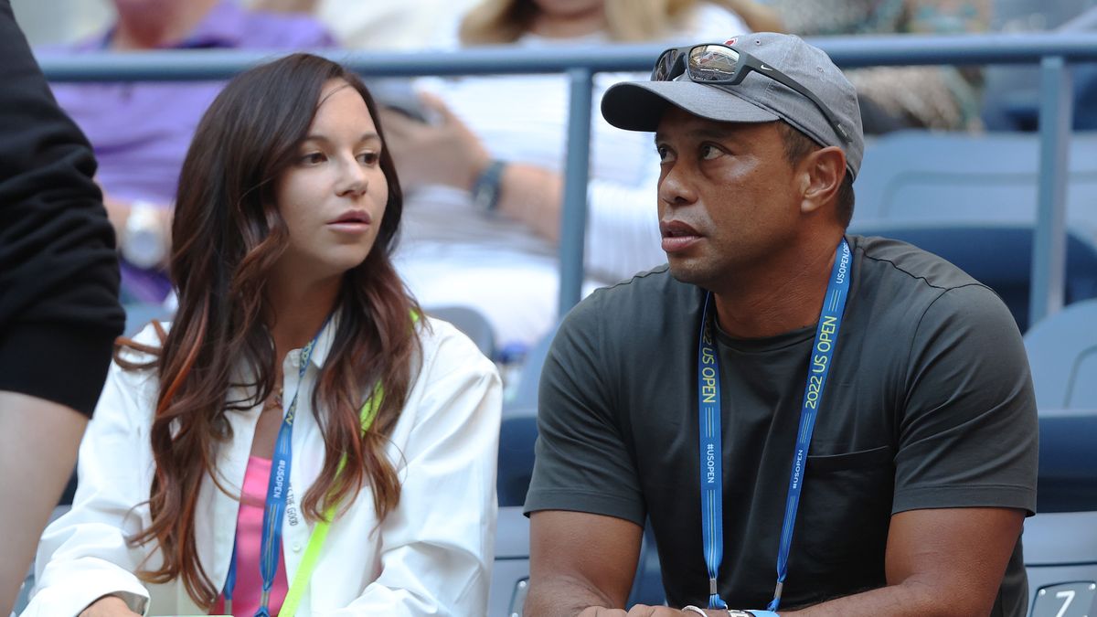 NEW YORK, NEW YORK - AUGUST 31: Erica Herman and Tiger Woods look on prior to the Women's Singles Second Round match  between Anett Kontaveit of Estonia and Serena Williams of the United States on Day Three of the 2022 US Open at USTA Billie Jean King National Tennis Center on August 31, 2022 in the Flushing neighborhood of the Queens borough of New York City. (Photo by Matthew Stockman/Getty Images)