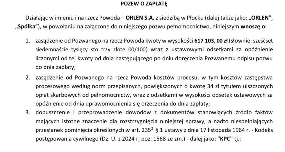 Pozew skierowany do sądu przez Orlen przeciwko M.Rogowi.