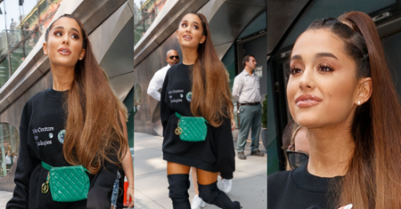 Ariana Grande w kozakach, ale bez spodni, zmierza do studia