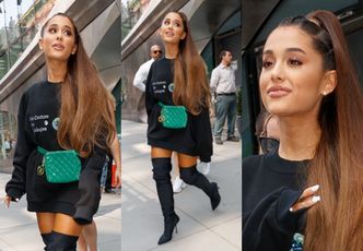 Ariana Grande w kozakach, ale bez spodni, zmierza do studia