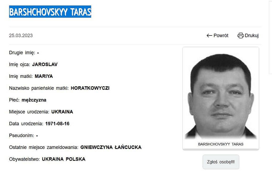 Poszukiwania Tarasa Barszczowskiego (nazwisko zapisano w aglojęzycznej transkrypcji)
