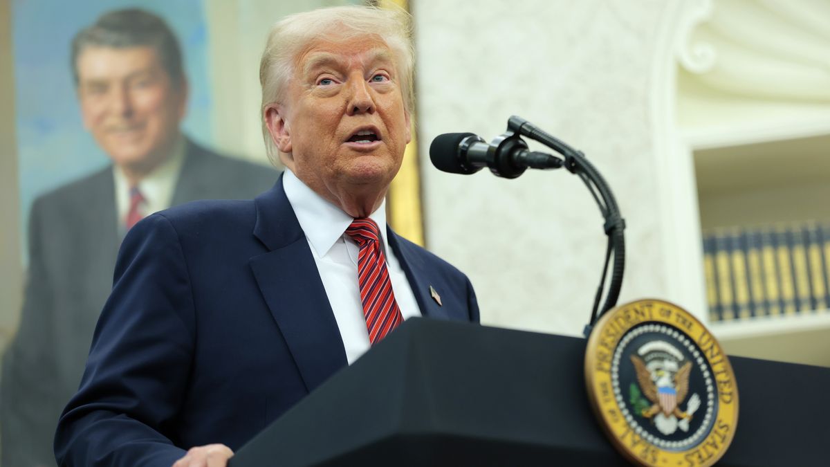 WASHINGTON, DC - MAY 07: U.S. President Donald Trump speaks during a swearing-in ceremony for new U.S. Ambassador to China David Perdue in the Oval Office at the White House on May 07, 2025 in Washington, DC. Perdue, a former Republican Senator and past critic of China and its ruling Communist Party, was confirmed by a vote of 67 to 29 amid a tense trade war between the two countries. (Photo by Anna Moneymaker/Getty Images)