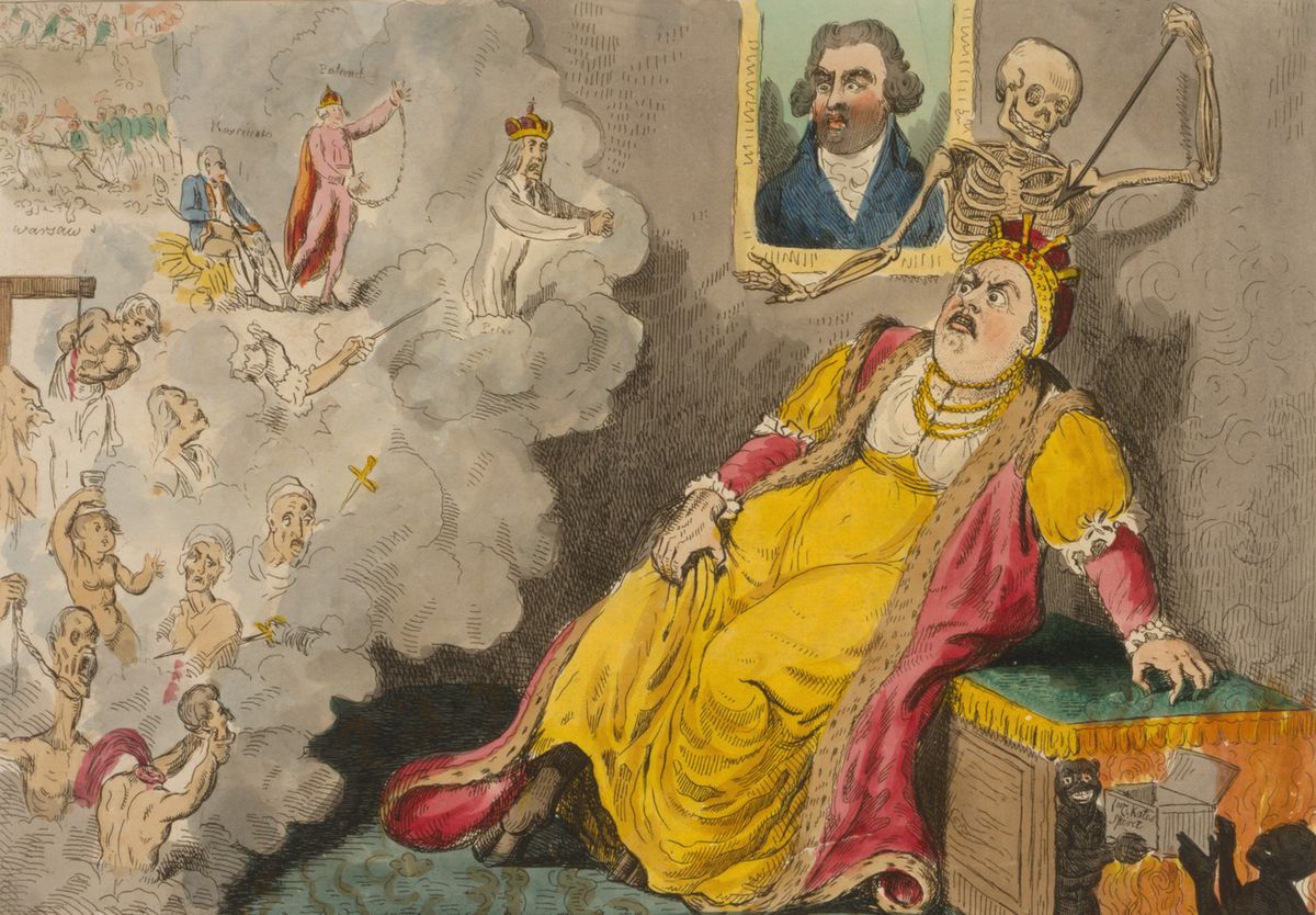 Przerażona Katarzyna II w chwili śmierci. Karykatura Isaaca Cruikshanka z grudnia 1796 roku (domena publiczna)