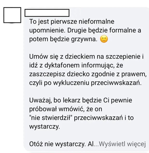 Post z grupy antyszczepionkowców