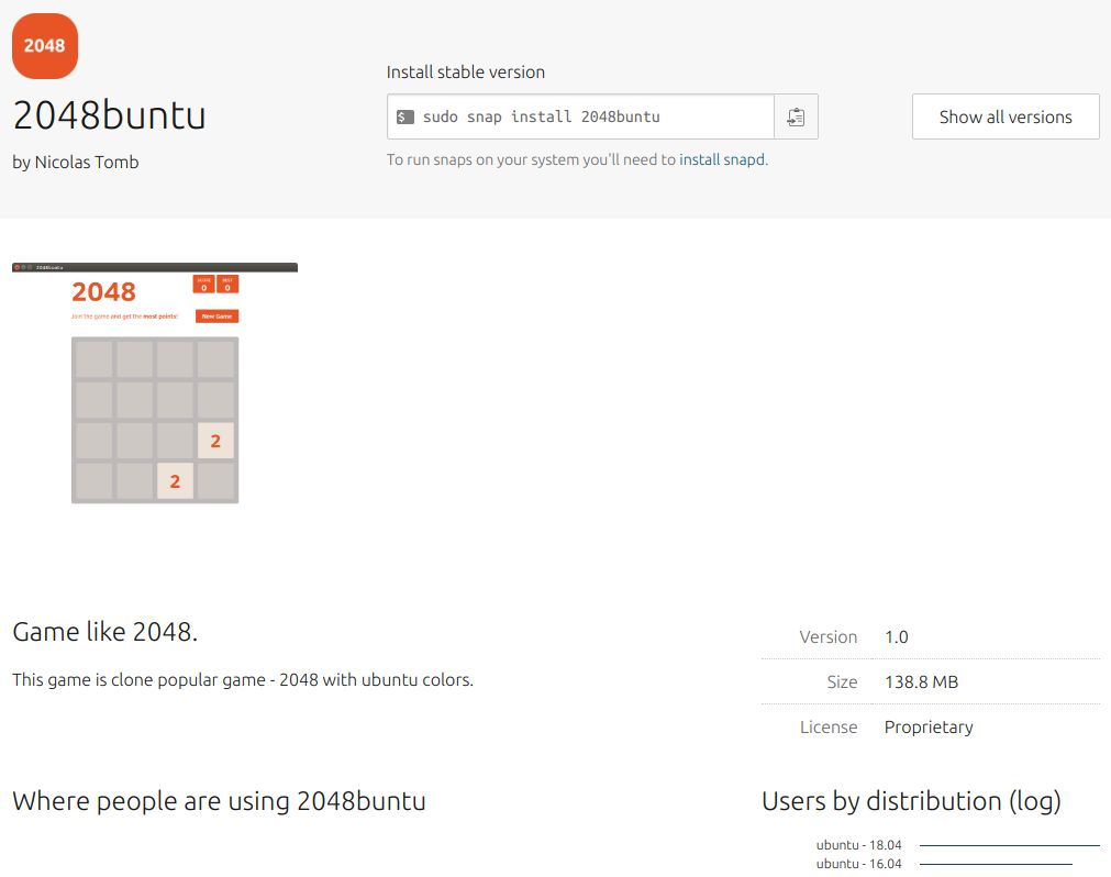 2048buntu w Ubuntu Snap Store, źródło: Linux Uprising.