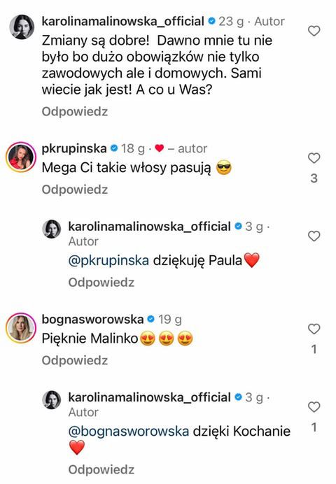 Znajome komplementują nową fryzurę Malinowskiej-Janiak